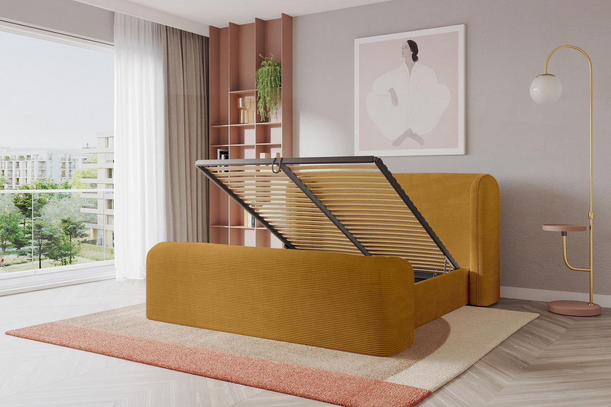 POLSTERBETT mit Bettkasten, Fußteil und Lattenrost, Boxbett ohne Matratze - ESTI-Z 160x200 Senfgelb - Currygelb, Holzwerkstoff/Textil (160/200cm) - ALTDECOR