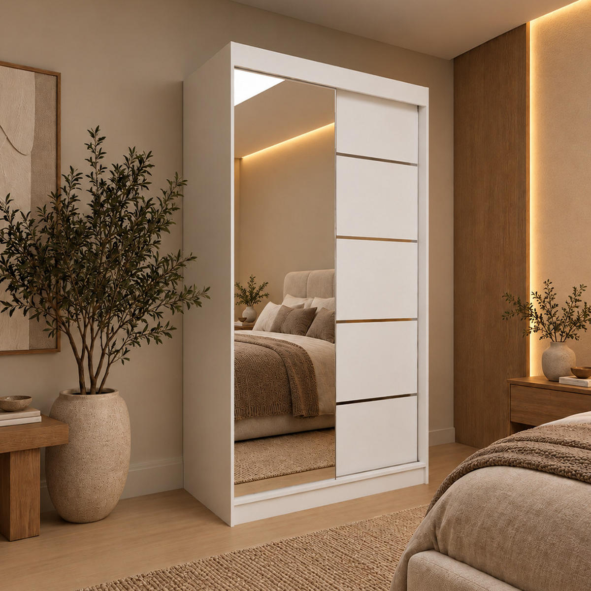 KLEIDERSCHRANK Malika 120 cm Weiß Spiegel 2 Schubladen Griffe silber - Weiß, Holzwerkstoff (120/216/61cm) - KS Home Concept