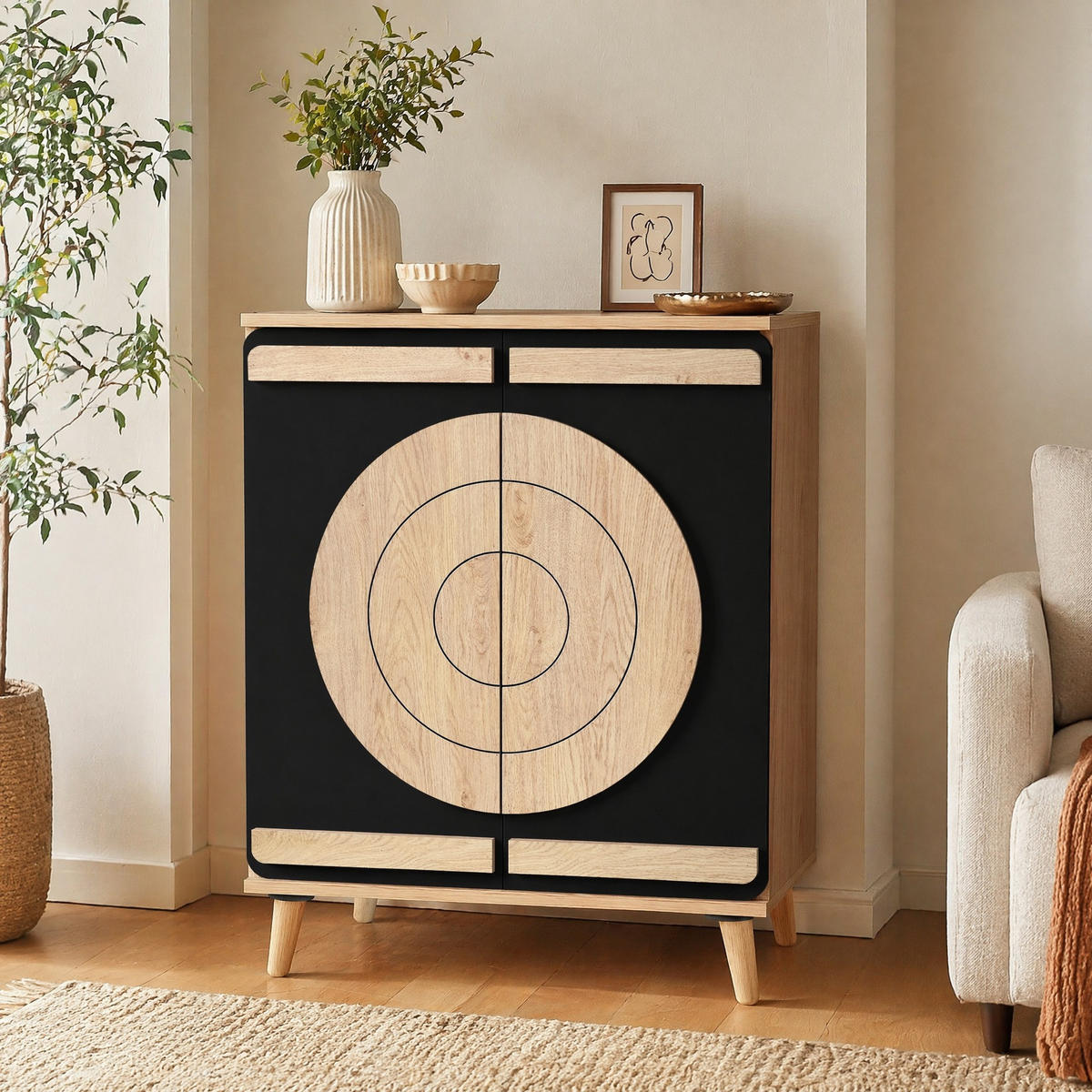 SCHUHSCHRANK in Naturfarben und Schwarz mit mehrstufigem Stauraum und Holzbeinen für Flur, B76/T37/H98.5cm - Schwarz/Naturfarben, Holzwerkstoff/Metall (76/98.5/37cm) - STILVORA