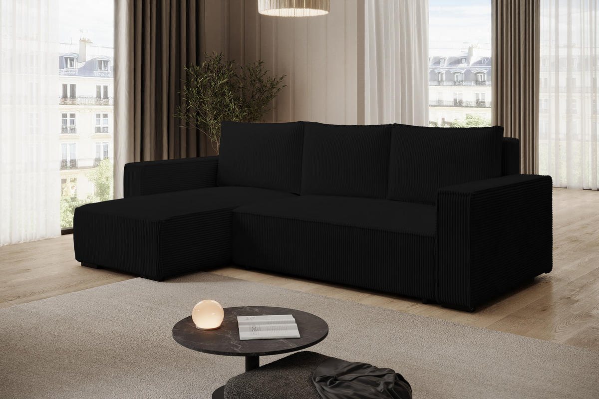 ECKSOFA CUDDY L, Eckcouch in L-Form mit Schlaffunktion und Bettkasten, Farbe: Schwarz, Cordstoff, Ottomane Links - Schwarz, Textil (240/140cm) - Storez24
