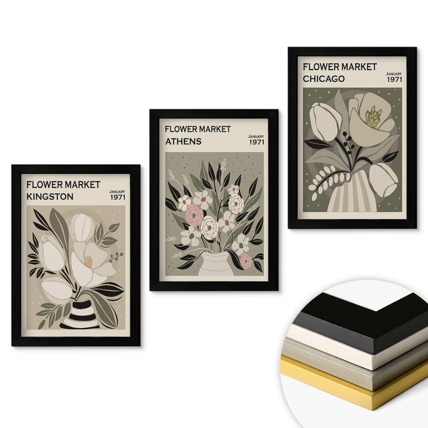 WANDBILDER 3er-Set - 20x30 cm Schwarzer Rahmen - Retro-Blumenarrangements - Schwarz, Kunststoff (20/30cm) - ArtPrintCave