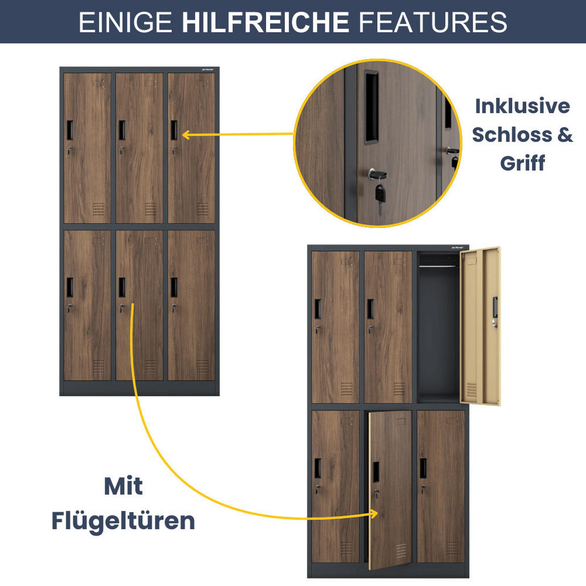 UMKLEIDESCHRANK Spind TOKIO 6 Abteile 185x90x45cm Anthrazit-Nussbaum - Anthrazit, Metall (90/185/45cm) - DELUKE