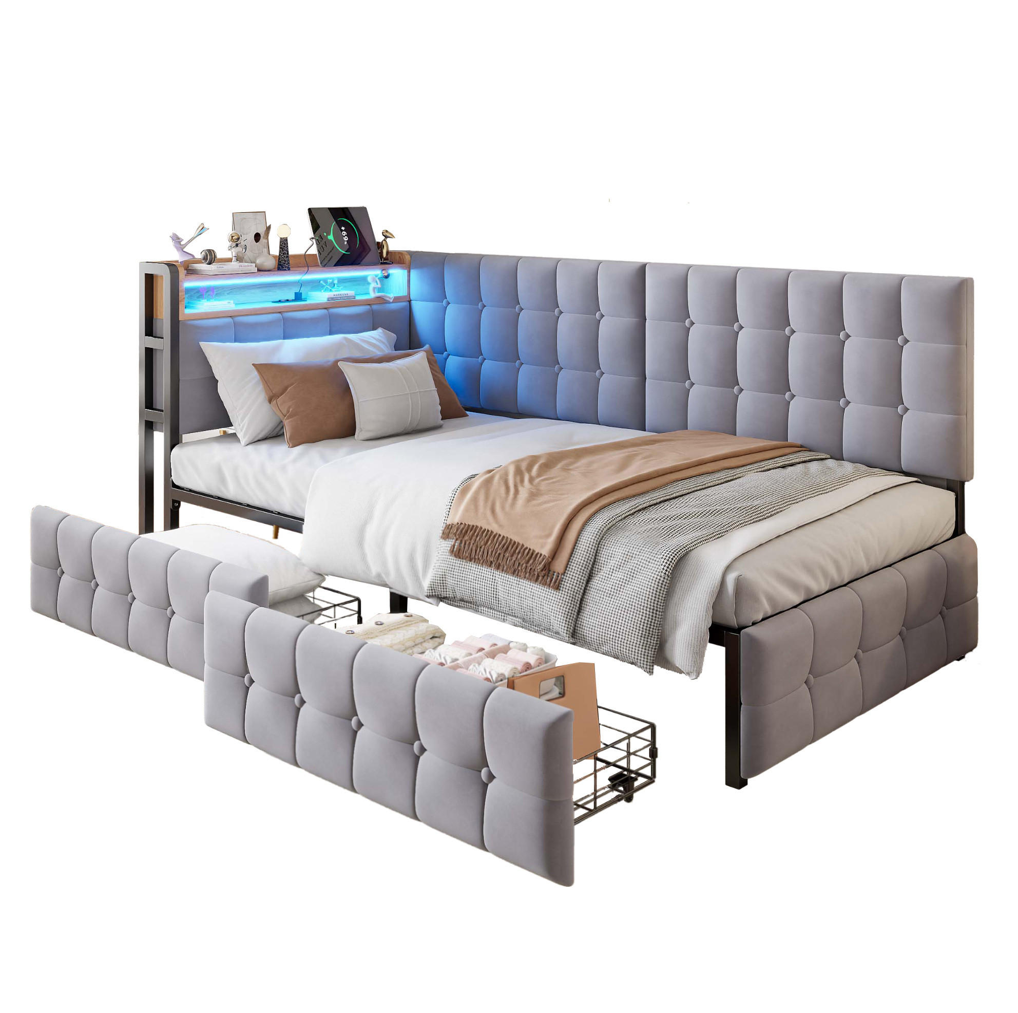 POLSTERBETT 90/200 cm Grau aus Samt mit 2 Schubladen - Grau, Textil (90/200cm) - OKMYHOME