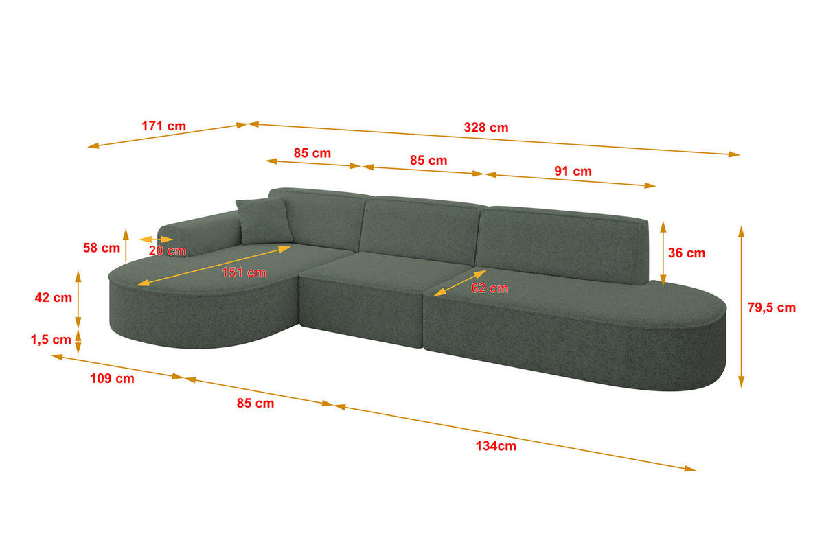 ECKSOFA Ottomane Links MARI-L2 - 328x171x79 cm Grün Tissu - Schwarz/Grün, Holzwerkstoff/Kunststoff (328/171cm) - ALTDECOR