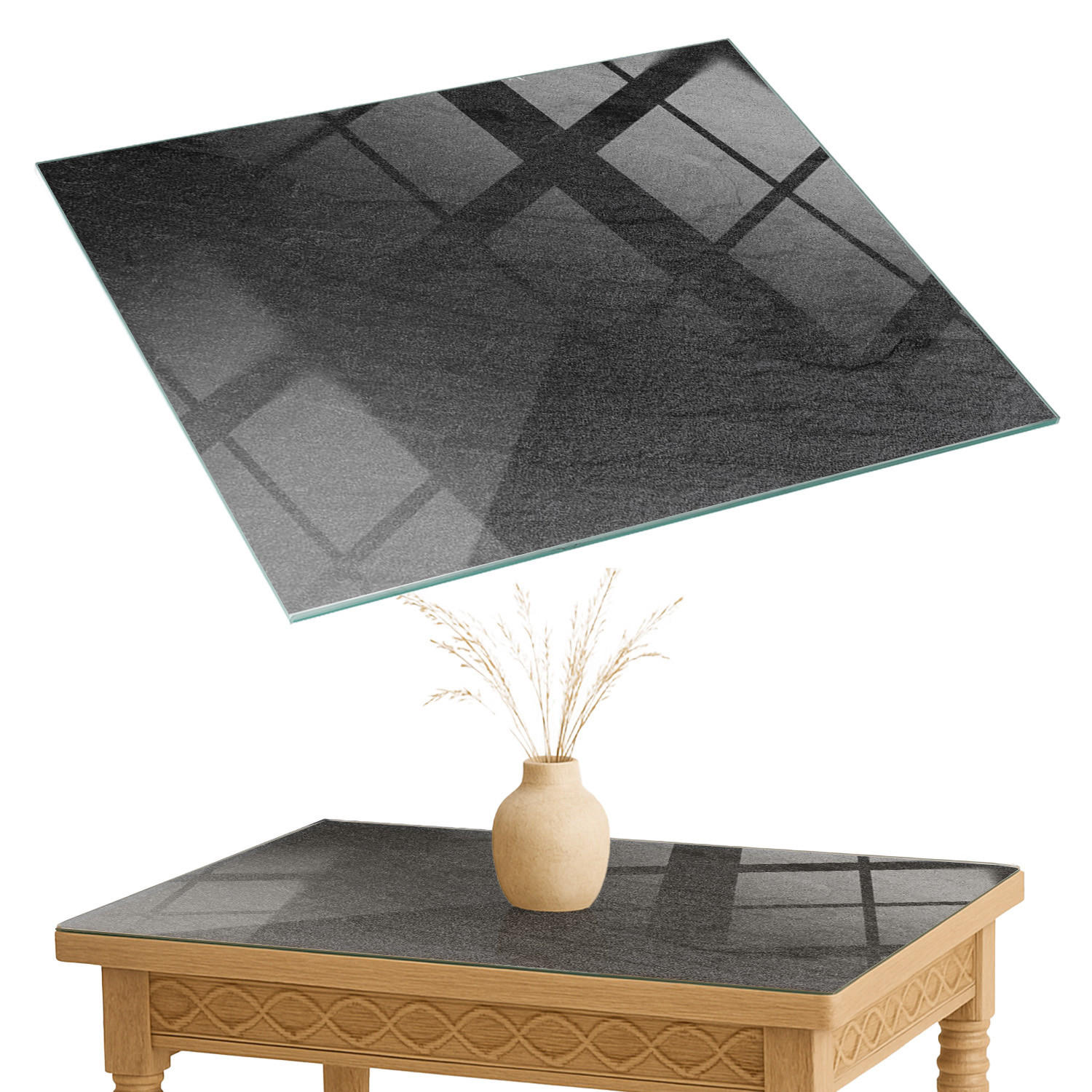 TISCHPLATTE 80x60 cm Natürliche Steinstruktur - Schwarz, Glas (0.4/80/60cm) - TULUP