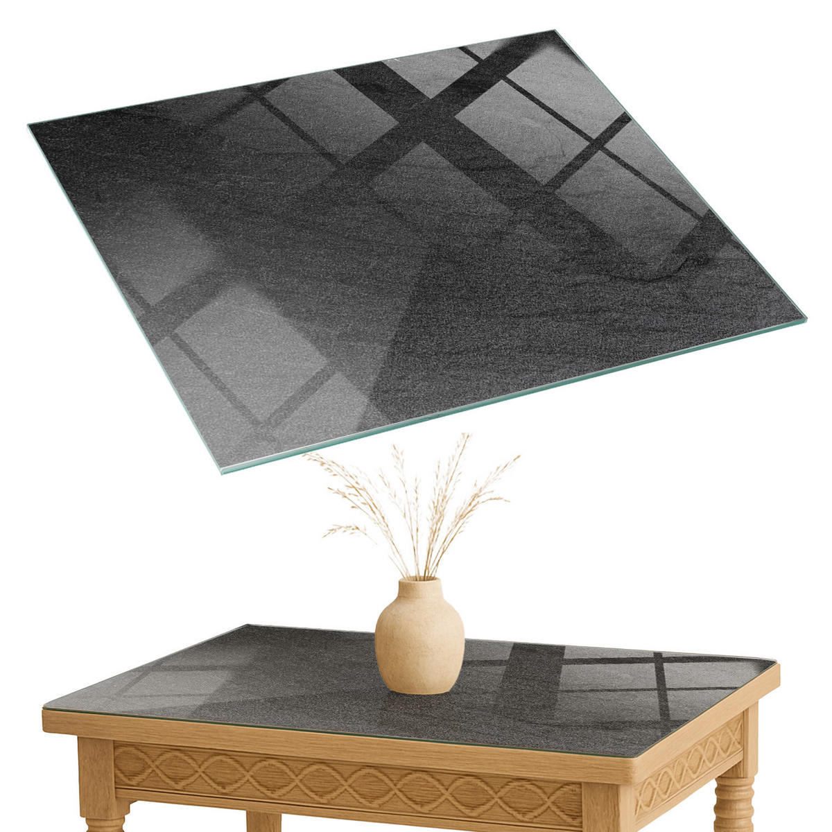 TISCHPLATTE 80x60 cm Natürliche Steinstruktur - Schwarz, Glas (0.4/80/60cm) - TULUP