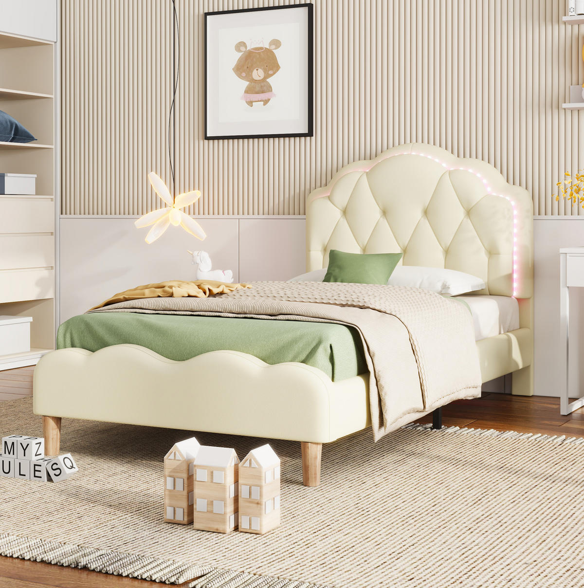 POLSTERBETT 90/200 cm Beige mit Wellenförmigem Kopfteil und LED-Beleuchtung - Beige, Kunststoff (90/200cm) - OKWISH