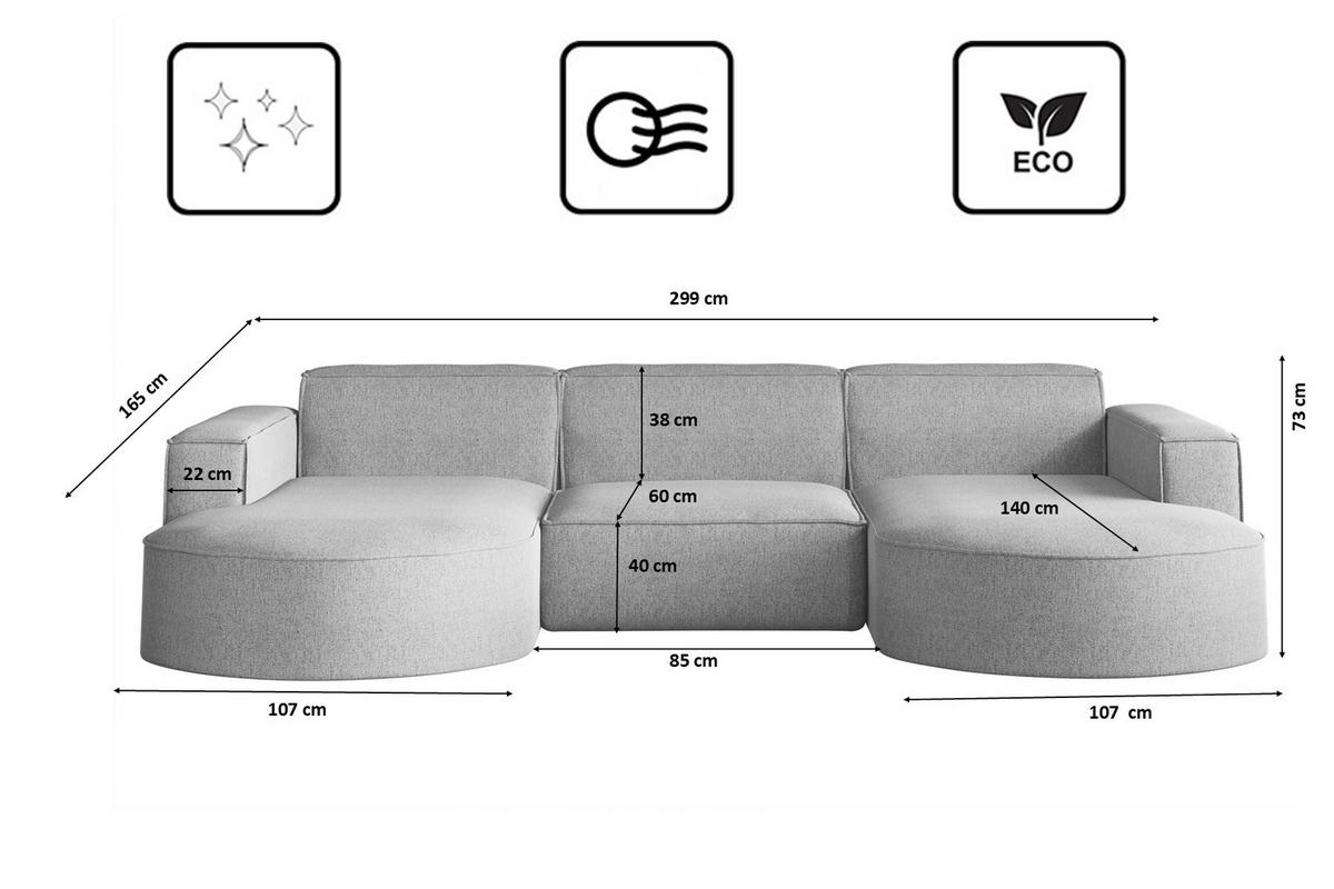 ECKSOFA U-Form MODENA STUDIO Stoff Verita Grau - Grau, Holz (165/299cm) - Kaiser Möbel