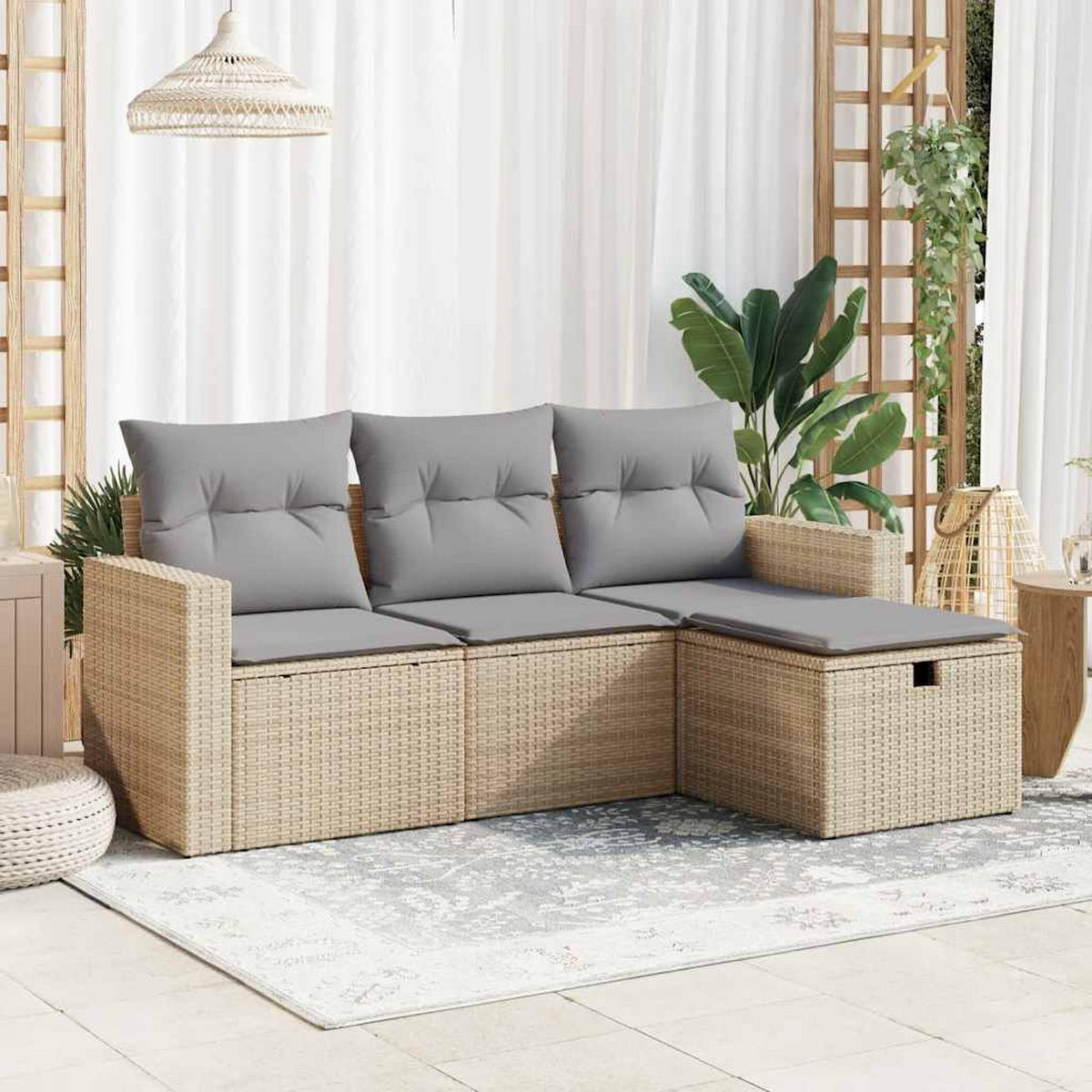 GARTEN-SOFAGARNITUR 4-TLG. Mit Kissen Beige Poly Rattan - Beige/Hellgrau, Kunststoff - vidaXL