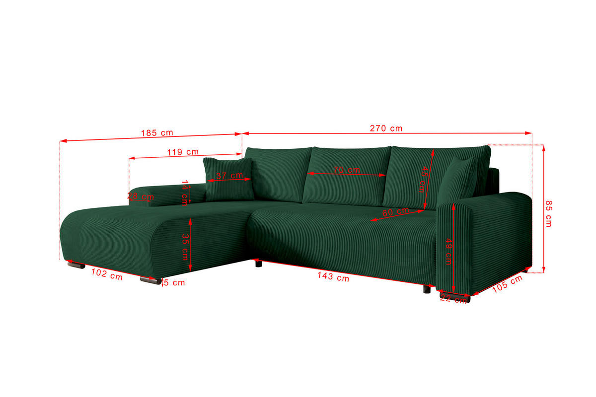 ECKSOFA Nelly mit Bettkasten und Schlaffunktion, Cordstoff in L-Form - Grün, Textil (270/185cm)