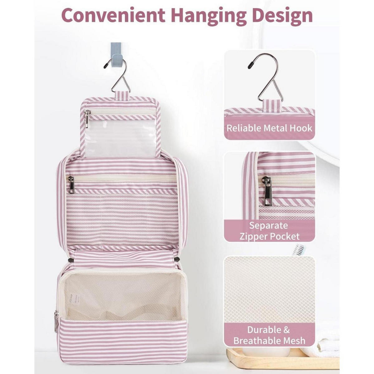 KULTURTASCHE zum Aufhängen mit Haken altrosa Streifen - Rosa, Textil (5/1/5cm)