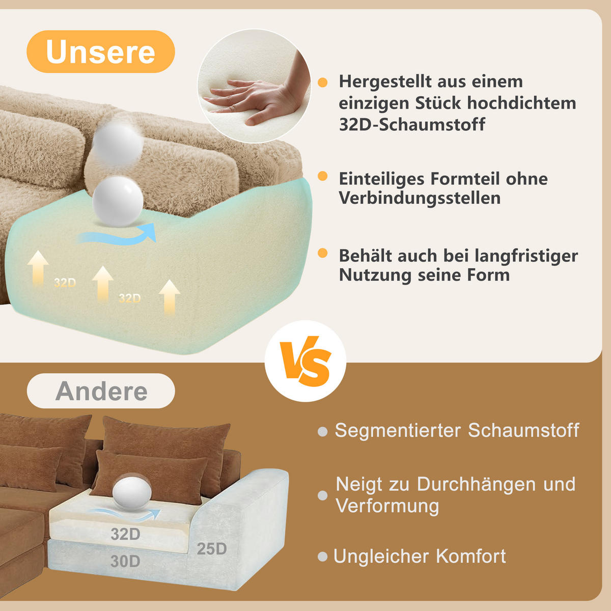SCHLAFSOFA 3-Sitzer aus Plüschstoff mit 3 Hockern, Hellkhaki - Sandfarben, Textil (291/73/179cm)