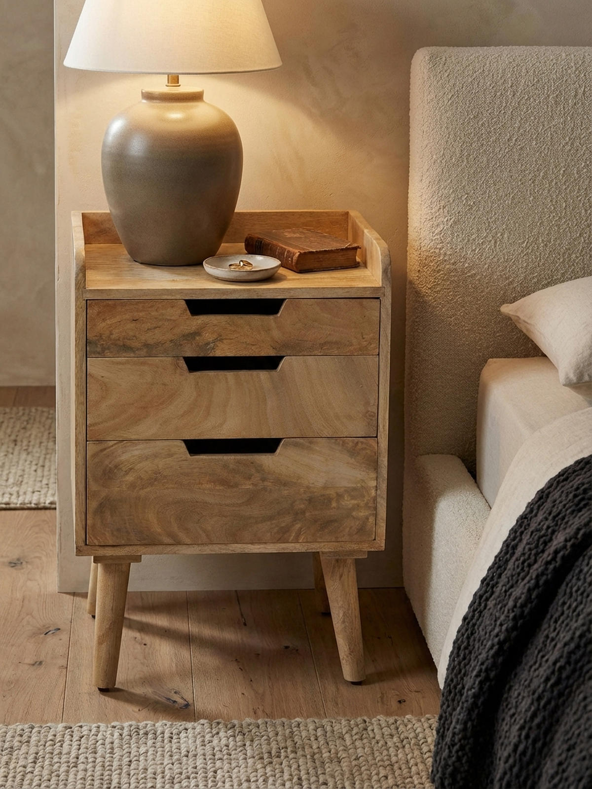 NACHTTISCH – Mango Massivholz, 45x33x63 cm, Hellbraun, 3 Schubladen, Ablage - Braun, Holz (45/63/33cm) - KADIMA DESIGN