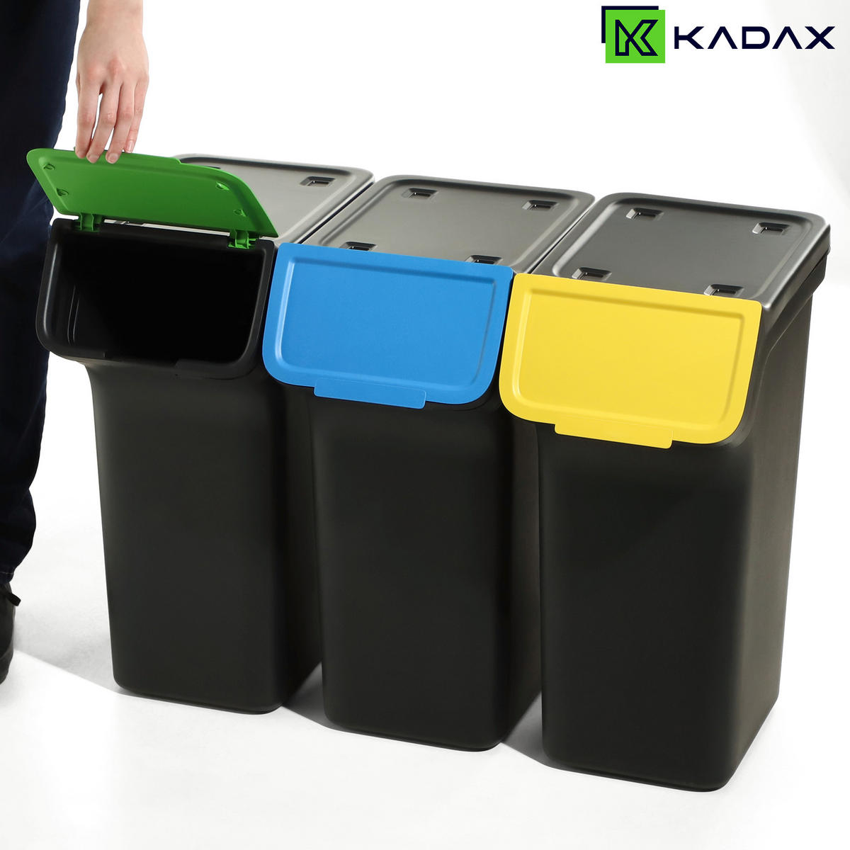 ABFALLBEHÄLTER mit Deckel, 3x25L, Schwarz - Blau/Gelb, Kunststoff (23/53cm) - KADAX