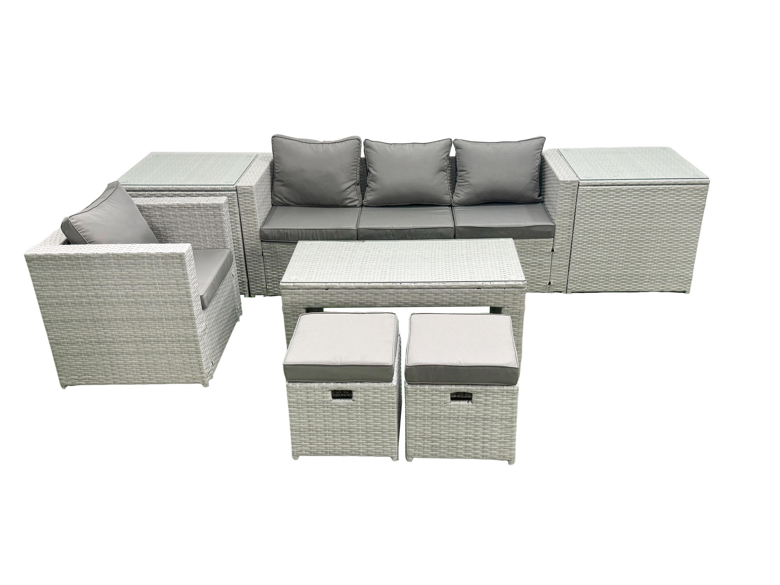 BALKONMÖBEL-SET Polyrattan Hellgrau-Mix 6-teilig - Hellgrau/Grau, Glas/Kunststoff - Fimous