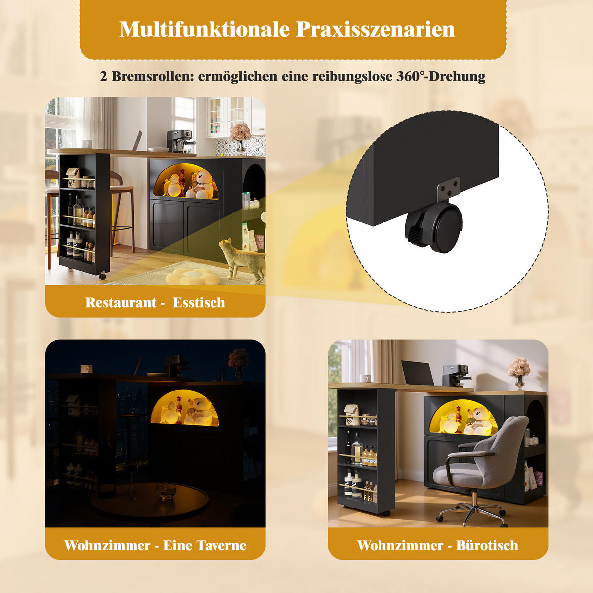 BARTISCH Ausziehbar 135-205cm LED Stauraum Schwarz - Schwarz, Holzwerkstoff (39/135/100cm) - FLIEKS
