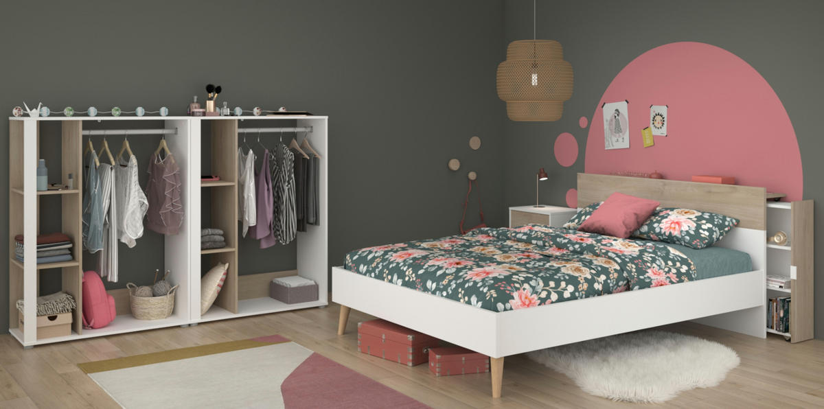 JUGENDZIMMER weiß, Eiche, Komplett-Set 5-teilig mit vielen Fächern - Eichefarben/Weiß, Holzwerkstoff (145/123/206cm) - Parisot Meuble