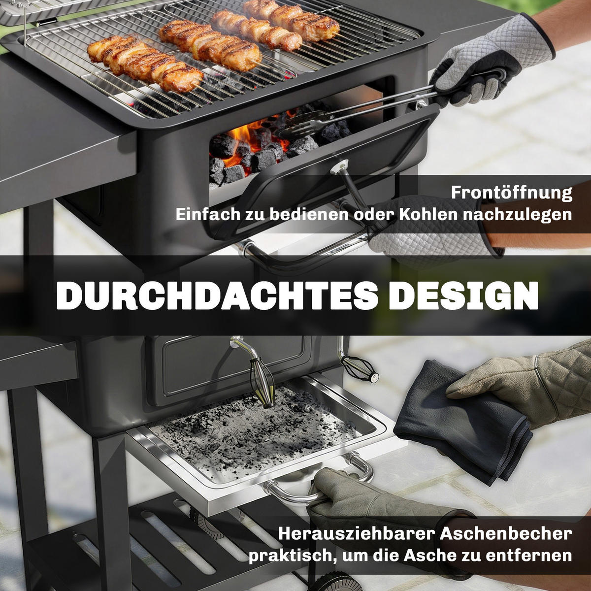 HOLZKOHLEGRILL DE-10297 - Schwarz, Metall (65/115/112cm) - ComfortXL