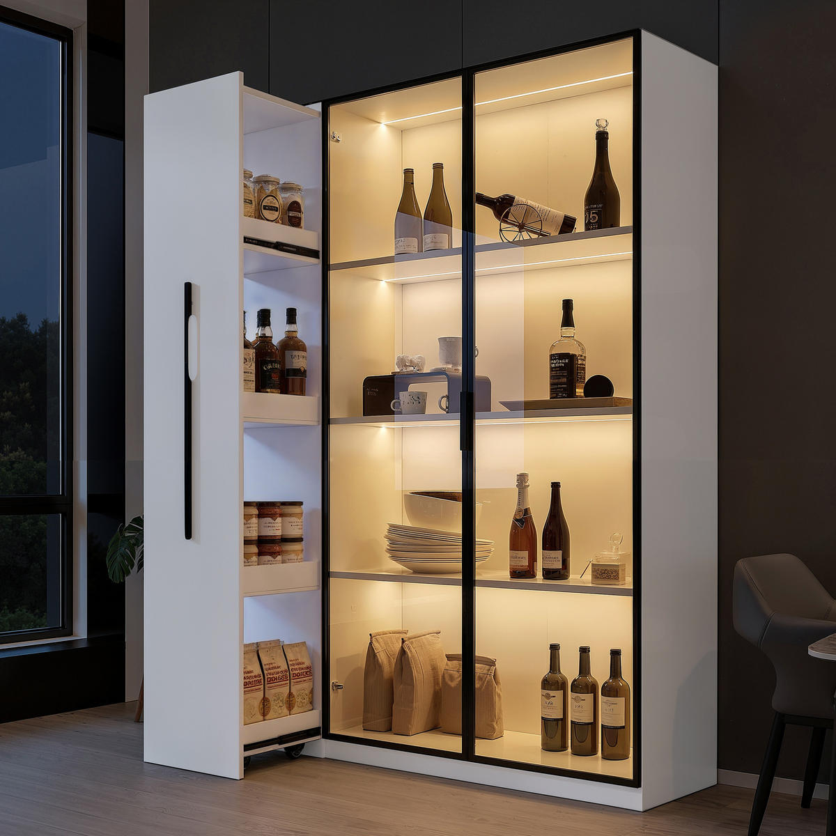 VITRINE 110cm Glastür LED Rollschrank französischer Stil - Weiß, Holzwerkstoff (110/160/35cm) - FLIEKS