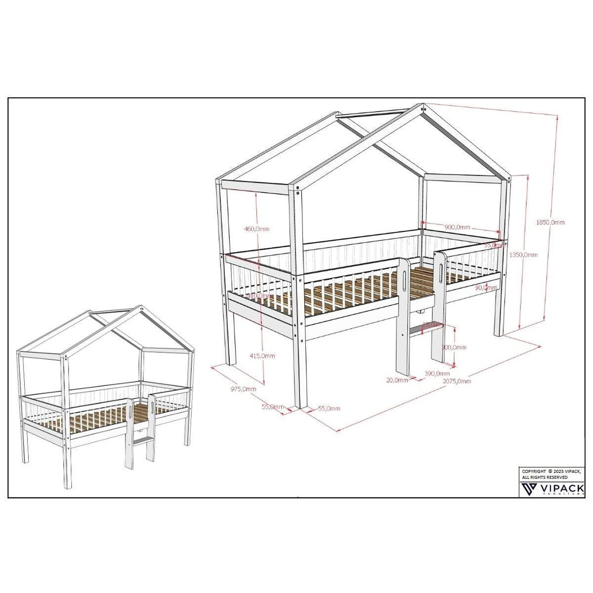 HAUSBETT HALBHOCH 90x200 Keeley Buche Weiß Leiter Himmel - Weiß, Holz (90/200cm) - 58aufmkessel