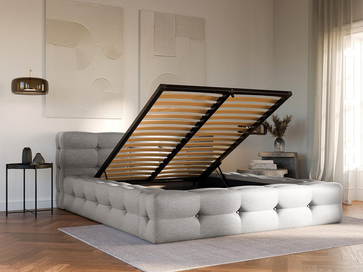 BETT mit Bettkasten - 2 Personen - Stoff - Hellgrau - Hellgrau, Textil (140/190cm) - Vente-Unique