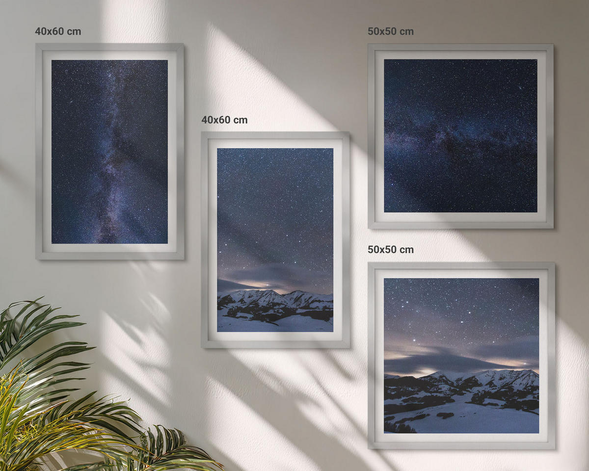 BILDER SET 4er Set - 50x50 cm & 40x60 cm Silberner Rahmen - Nachthimmel, Berge, Sterne - Silberfarben, Kunststoff (50/50cm) - TULUP