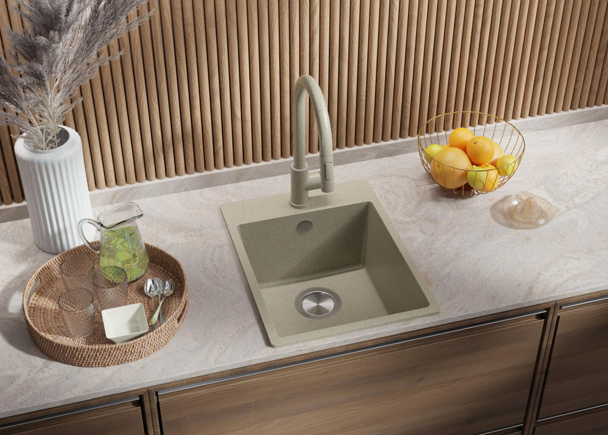 GRANITSPÜLE Riga, 2-er set Beige 38/50 cm 1 Becken + Küchenarmatur 32/20 cm + Ablauf-Set ab 40er Unterschrank - Beige, Kunststoff (38/20/50cm) - Primagran