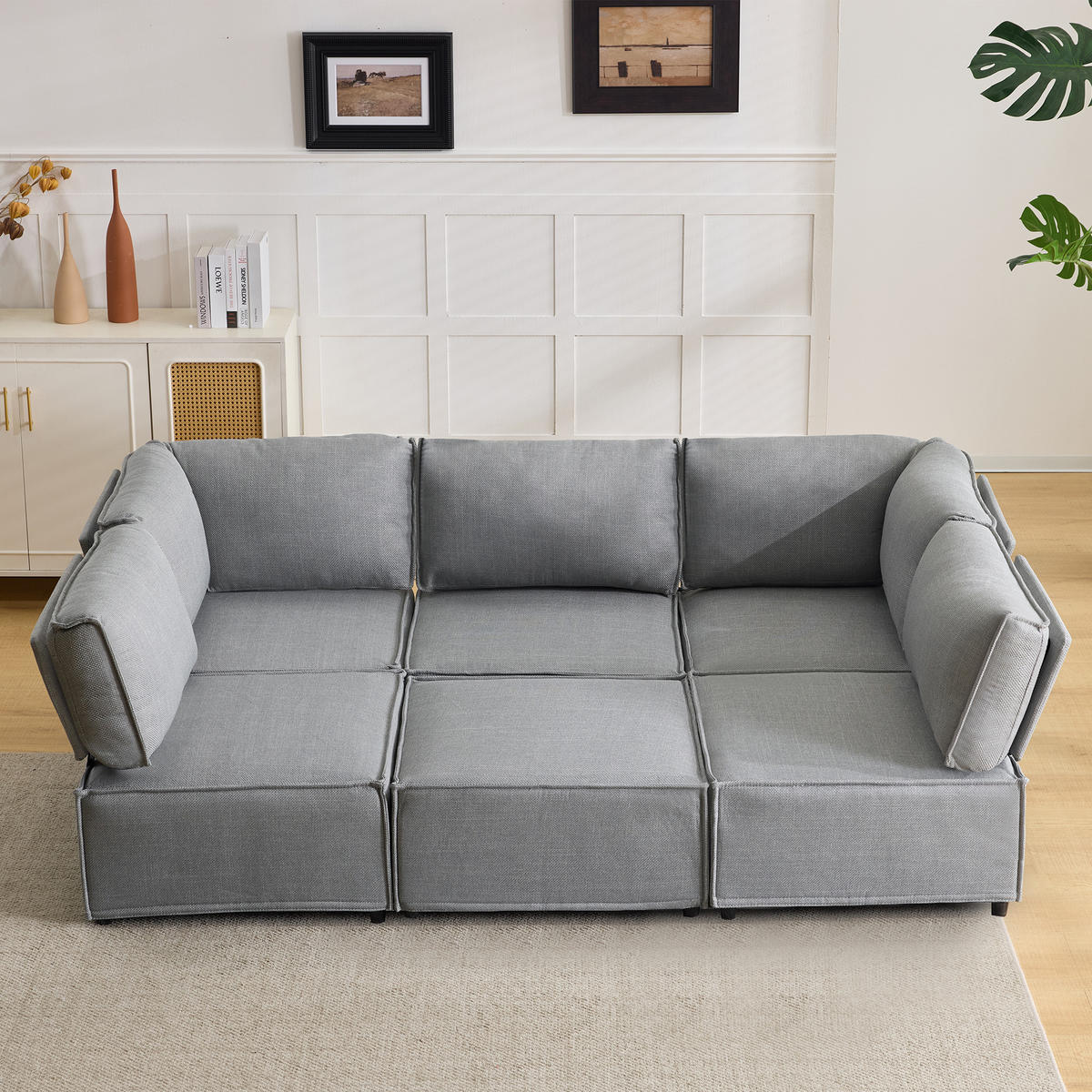 WOHNLANDSCHAFT aus Leinenstoff mit flexibler Kombination und Holzrahmen - Hellgrau, Textil (308/77/152cm) - EVRYAE