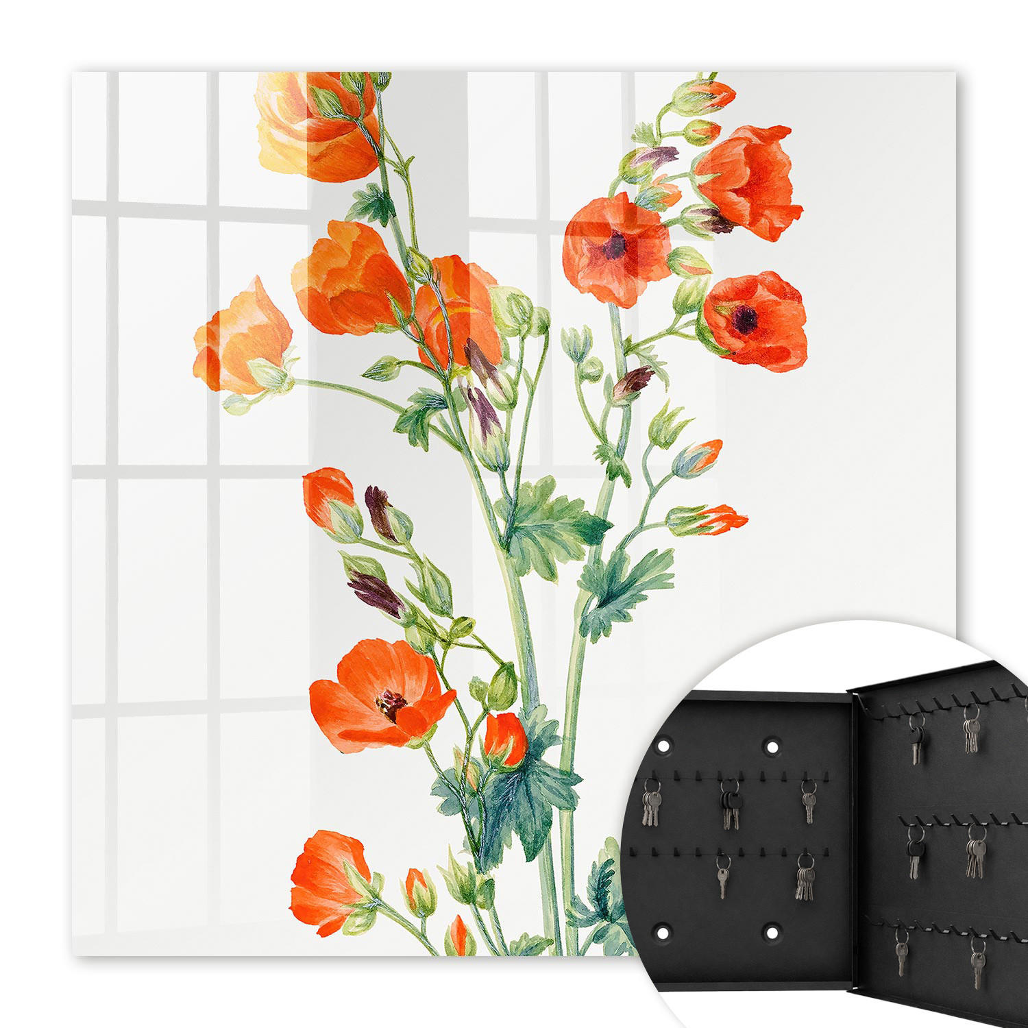 SCHLÜSSELBOX Schwarz 30x30 cm- Türöffnung nach rechts - Orangefarbene Mohnblumen - Weiß, Metall (30/30/5cm) - TULUP