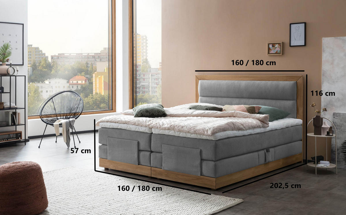 BOXSPRINGBETT ELEKTRISCH VERSTELLBAR MODELA 180x200 Hellgrau H2 und H3 Motorbett in Eiche mit 7-Zonen Taschenfederkern Matratze inkl. Visco Topper - Hellgrau, Textil (180/200cm) - Belanoti