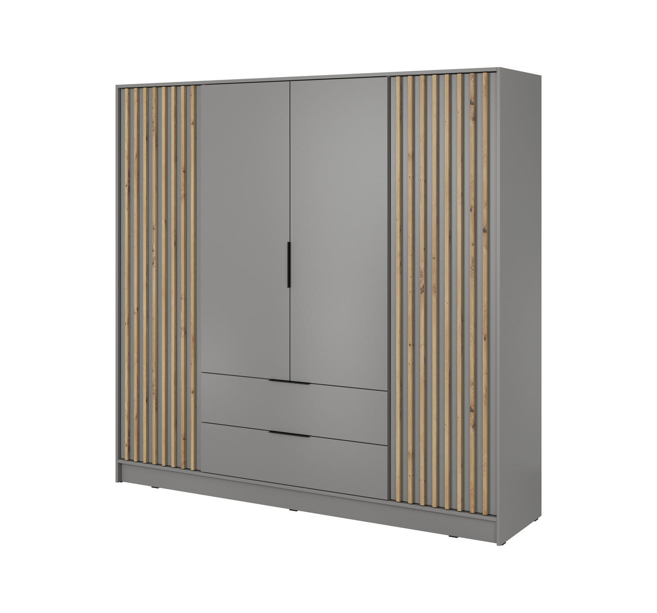 KLEIDERSCHRANK 200 cm Fioro - 4 Türen, Lamellen, Schubladen, Grau - Grau, Holz (205/200/51cm) - Emporius