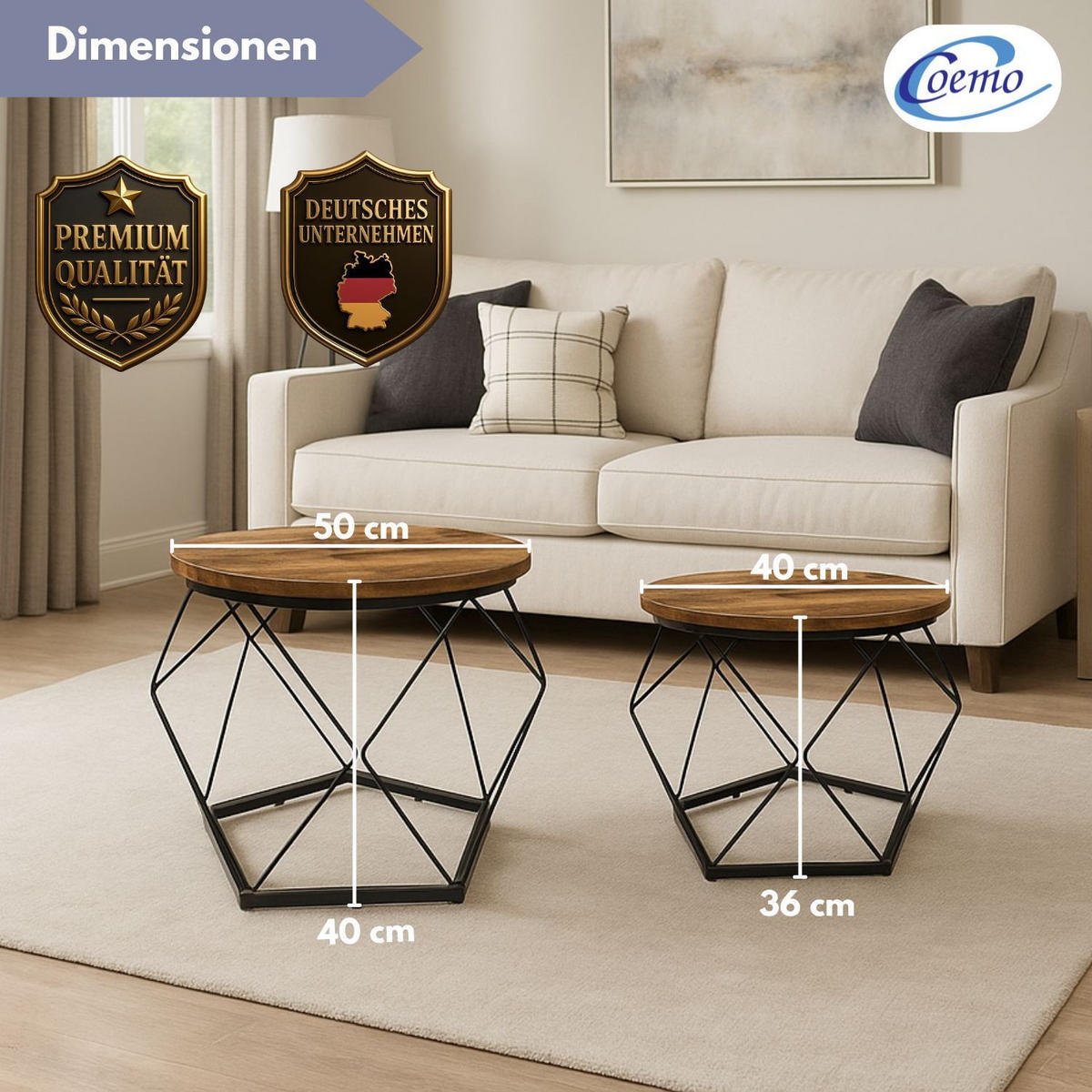 BEISTELLTISCH DUETT 2er-Set Metall Ø 50 / 40 cm H: 40 / 36 cm - Braun, Metall (50/50/40cm) - Coemo