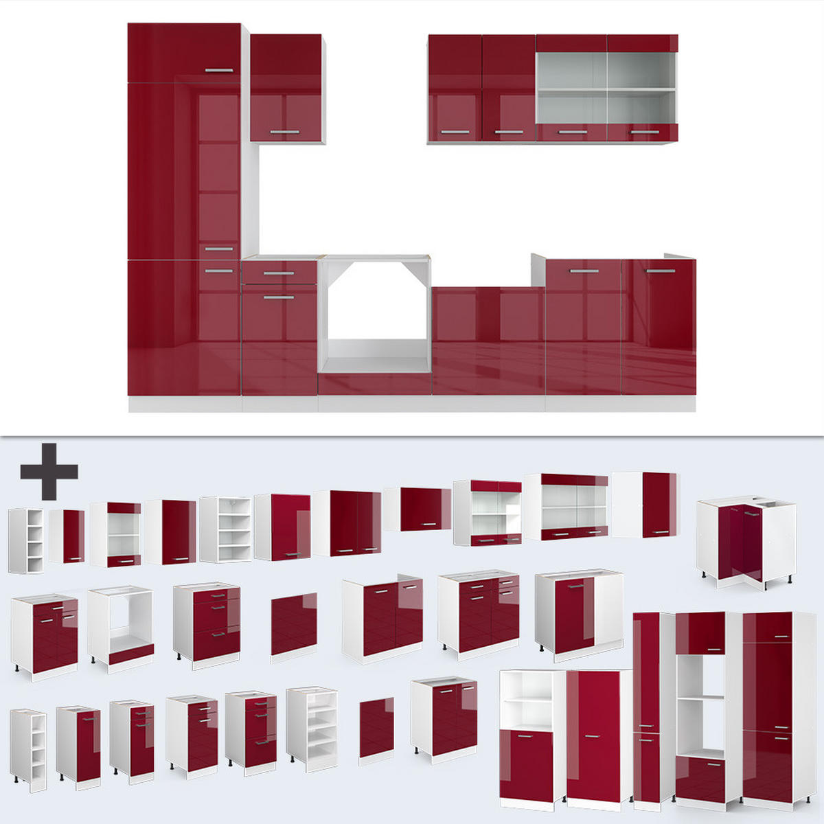 KÜCHENZEILE R-Line Rot Hochglanz/Weiß 300 cm ohne Arbeitsplatte - Rot/Weiß, Holzwerkstoff (300/81.6/46cm) - Vicco