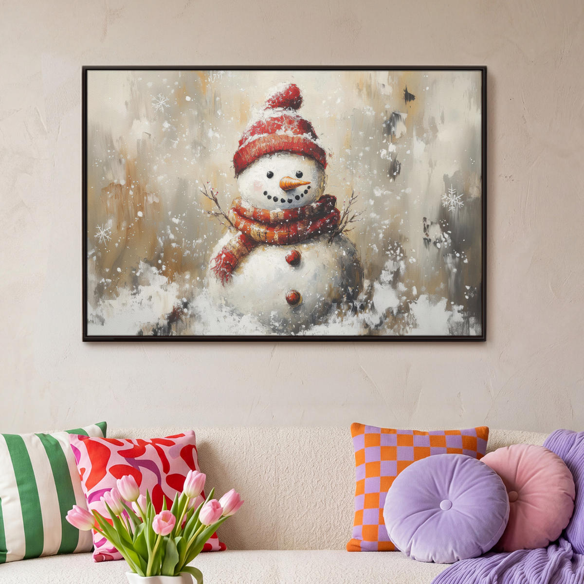 LEINWAND Bilder mit Rahmen - Schneemann - Winter - Schnee - Beige - 90x60 - Weiß, Textil (90/60cm) - MuchoWow