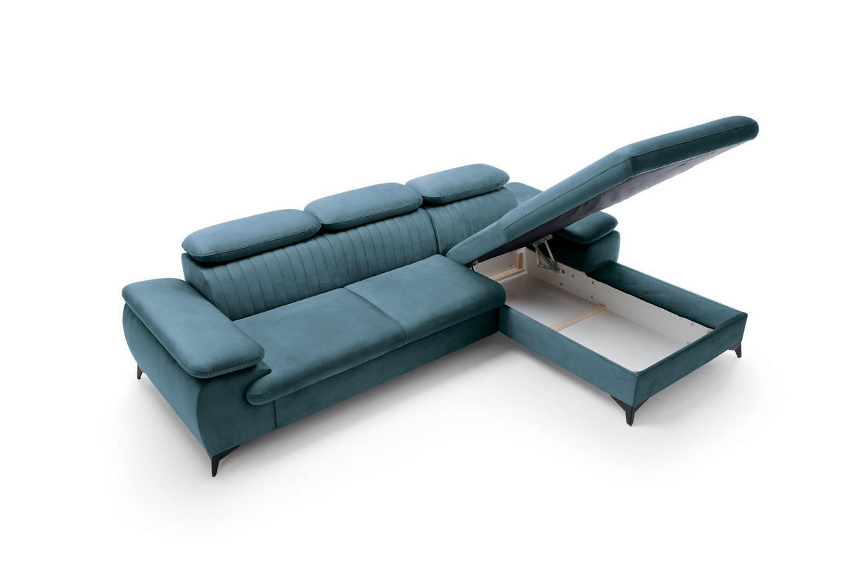 ECKSOFA FIORE Blau Velours-Stoff mit Schlaffunktion - Blau, Holz (280/193cm) - MASSENO