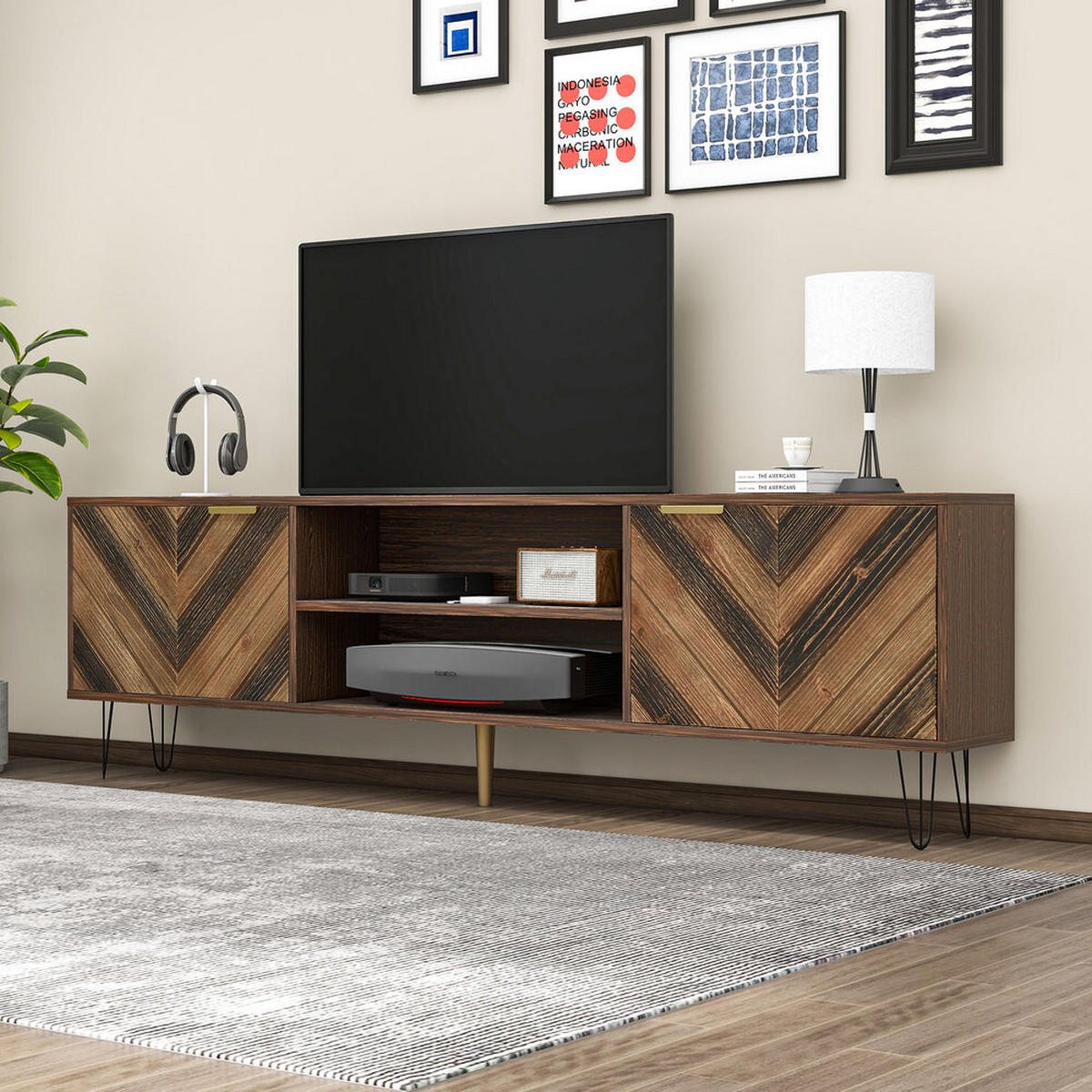 TV-SCHRANK Lowboard 2 Türen Massivholzfurnier Goldgriffe Natur - Braun, Holz (45/17/170cm) - FLIEKS