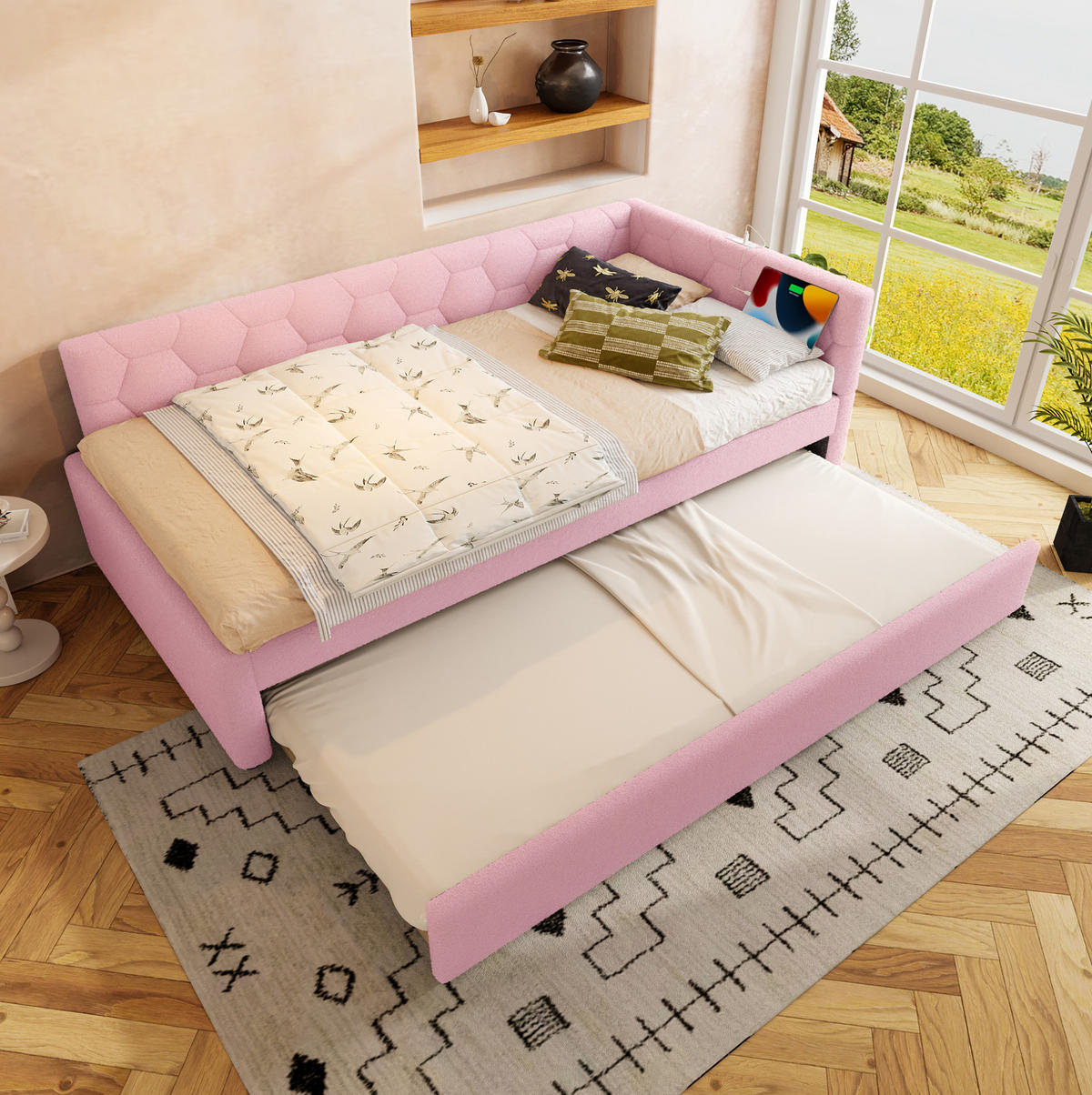 TAGESBETT 90/200 cm Rosa mit Ausziehbett, USB und Typ-C - Rosa, Textil (90/200cm) - MIVRAY