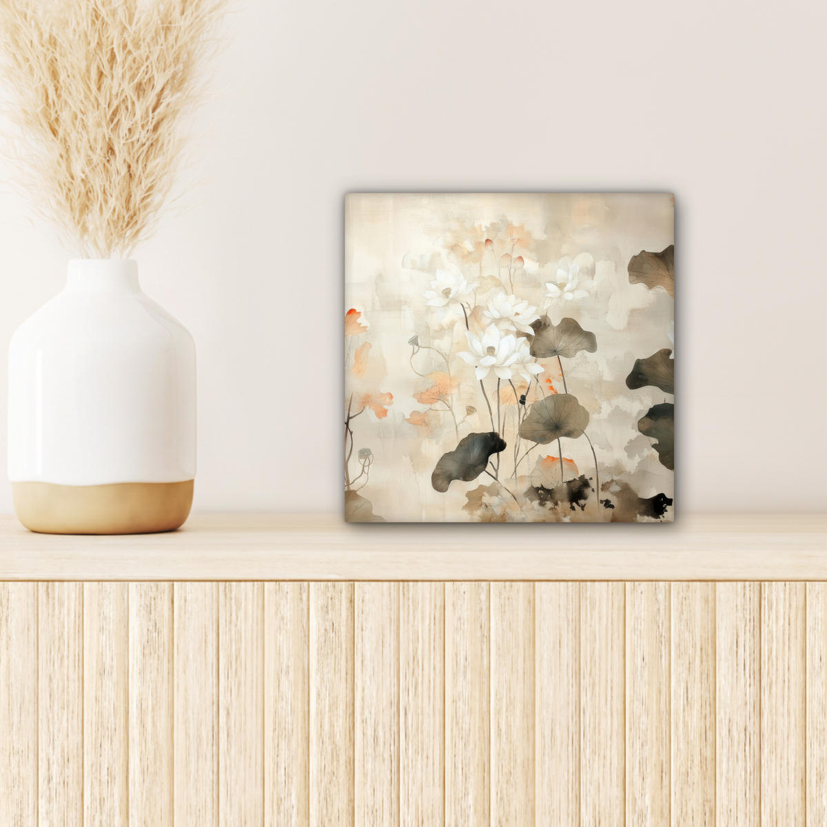 LEINWANDBILD Blumen - Japandi - Wabi sabi Deko Wohnzimmer 20x20 cm - Sandfarben, Textil (20/20cm) - MuchoWow