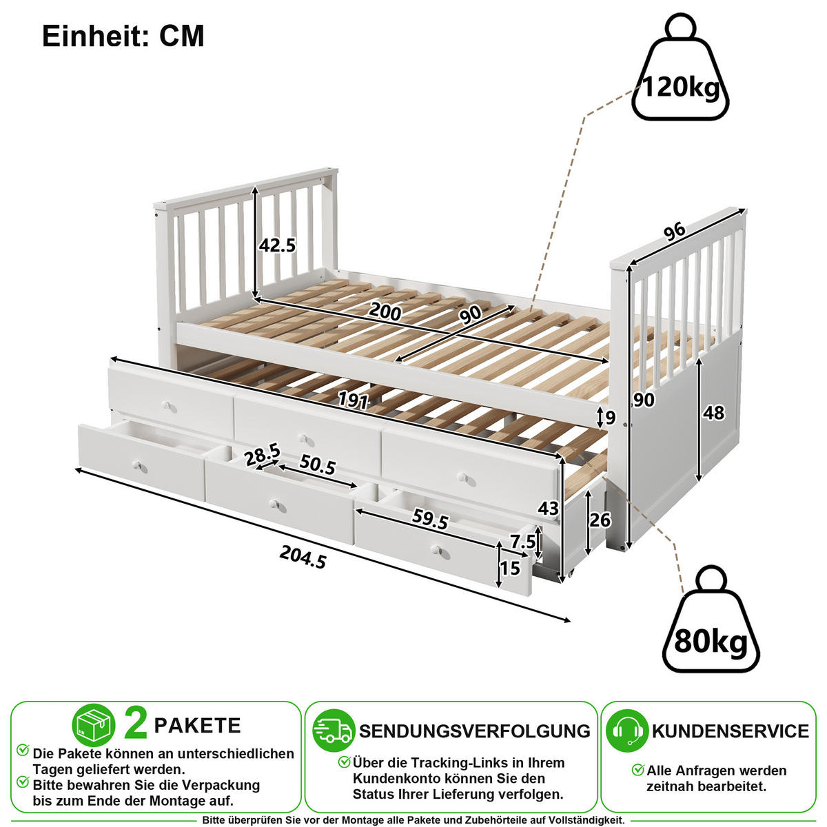 KINDERBETT 90/200 cm & 90/190 cm in Weiß mit Ausziehbett und 3 Schubladen - Weiß, Holz/Holzwerkstoff (90/200cm) - CHICFURN