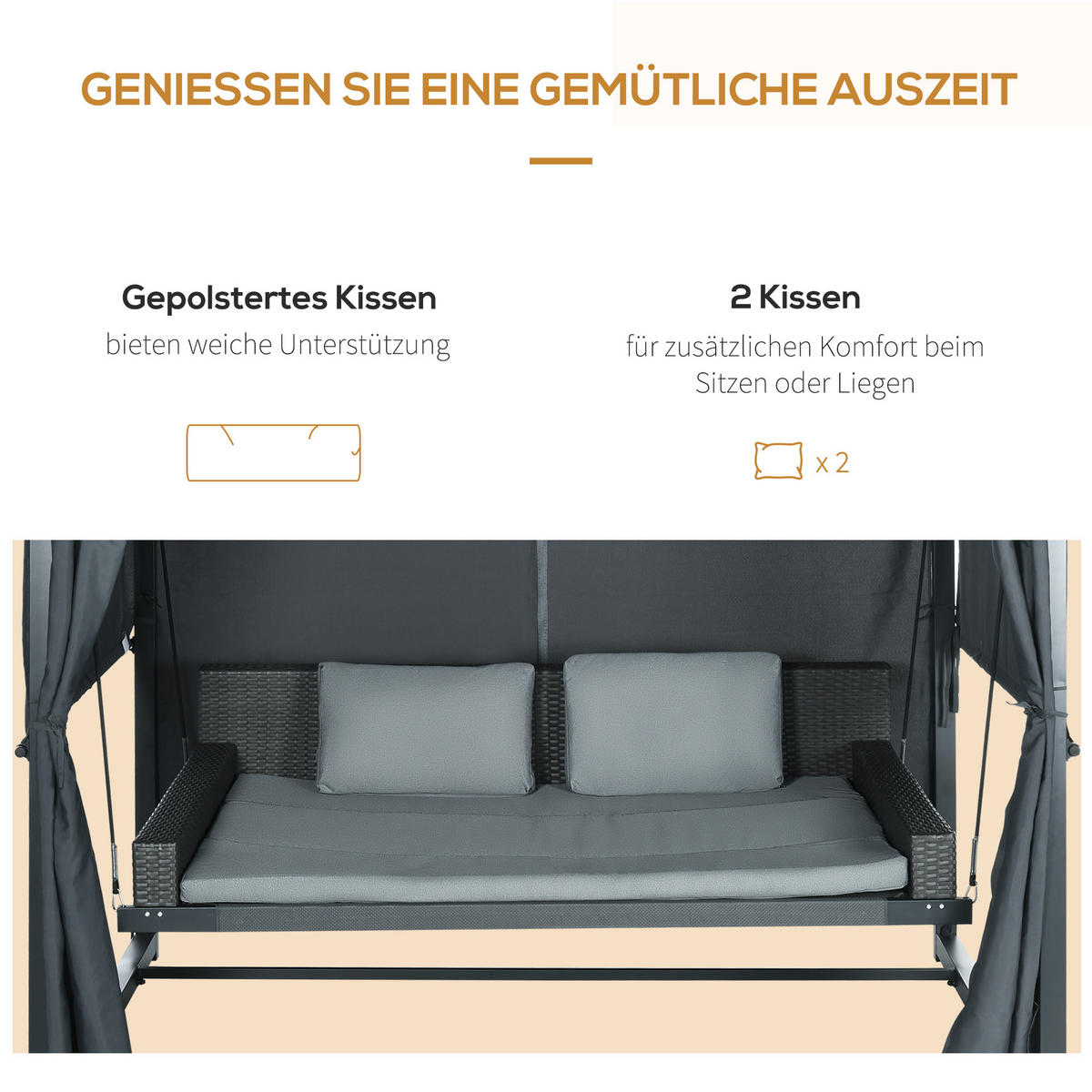 HOLLYWOODSCHAUKEL mit Peogola, Gartenschaukel inkl. Kissen für Garten Dunkelgrau - Dunkelgrau, Metall (180/210/235cm) - Outsunny
