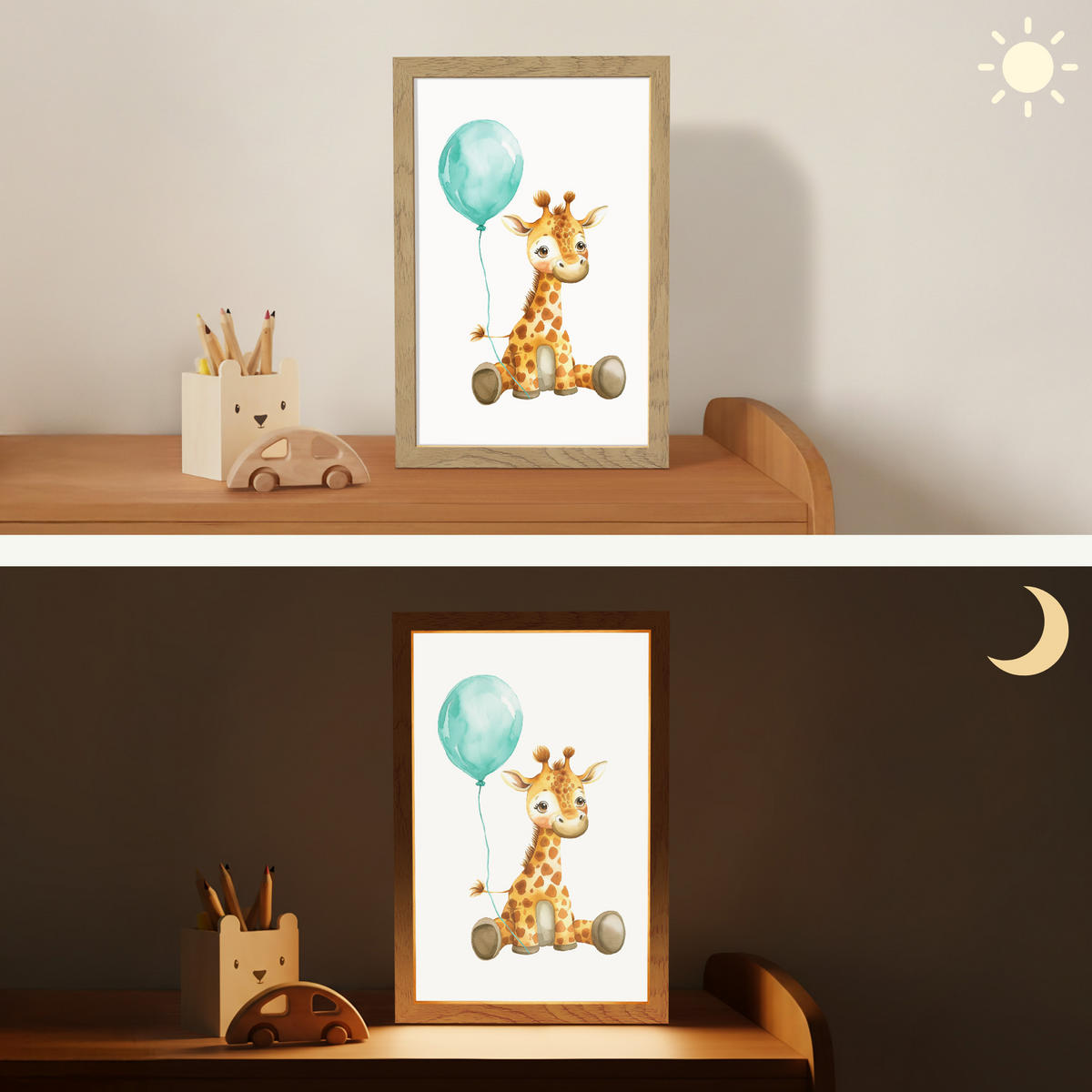 NACHTTISCHLAMPE Giraffe - Baby - Tiere - Blauer Ballon 20x30 cm - Weiß, Holzwerkstoff (8/20/30cm)