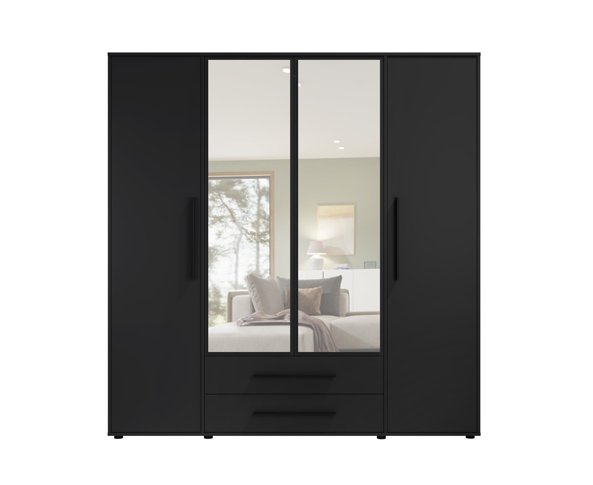 KLEIDERSCHRANK Maxivo Schwarz, viertüriger Kippschrank mit Schubladen und Spiegel, Erweiterung - Schwarz, Holzwerkstoff (198/248/59cm) - Bettso