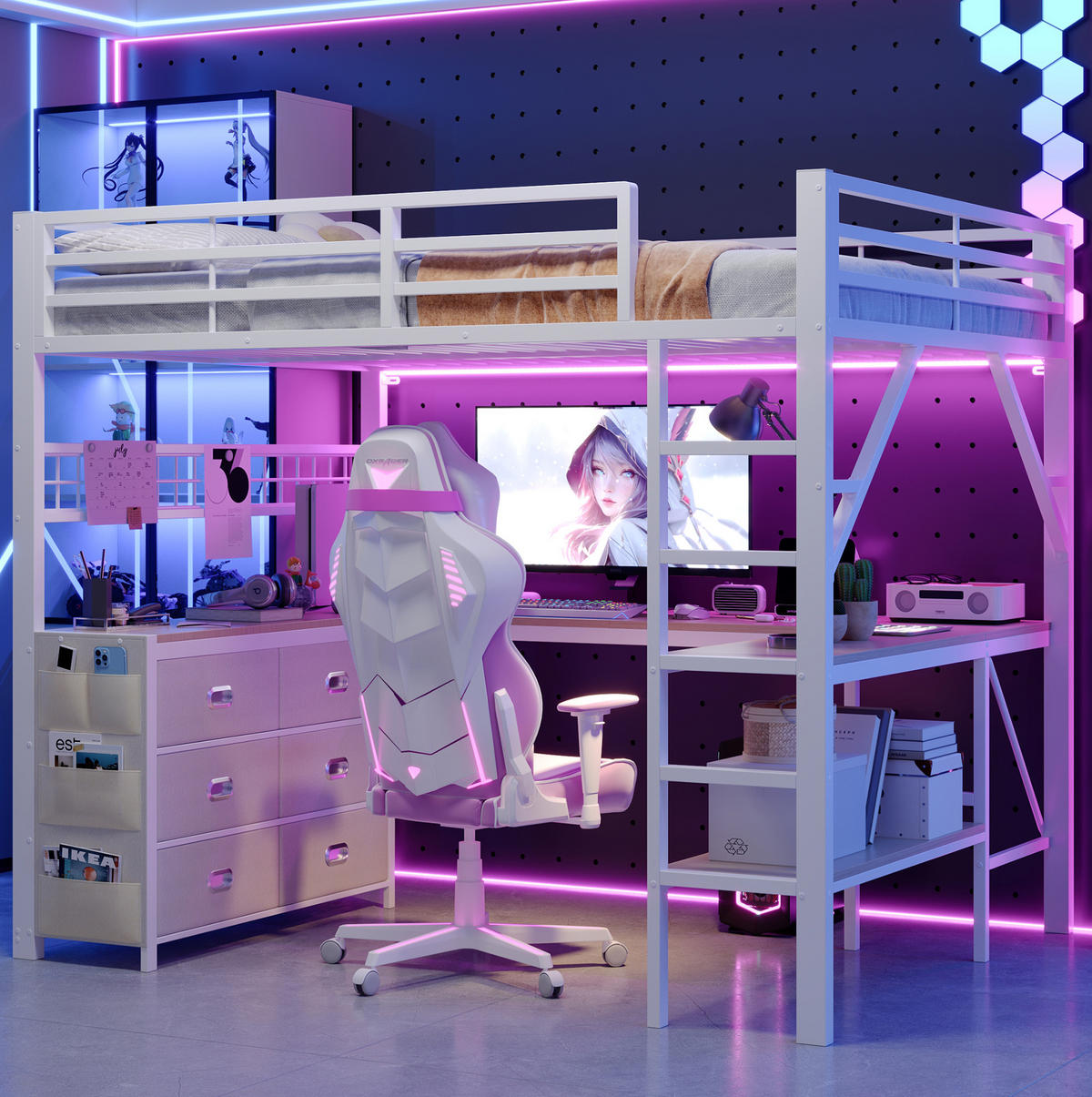 HOCHBETT Metall/MDF 140x200 cm Weiß mit Schreibtisch, Stauraum und LED-Beleuchtung - Weiß, Holzwerkstoff (140/200cm) - Modfu