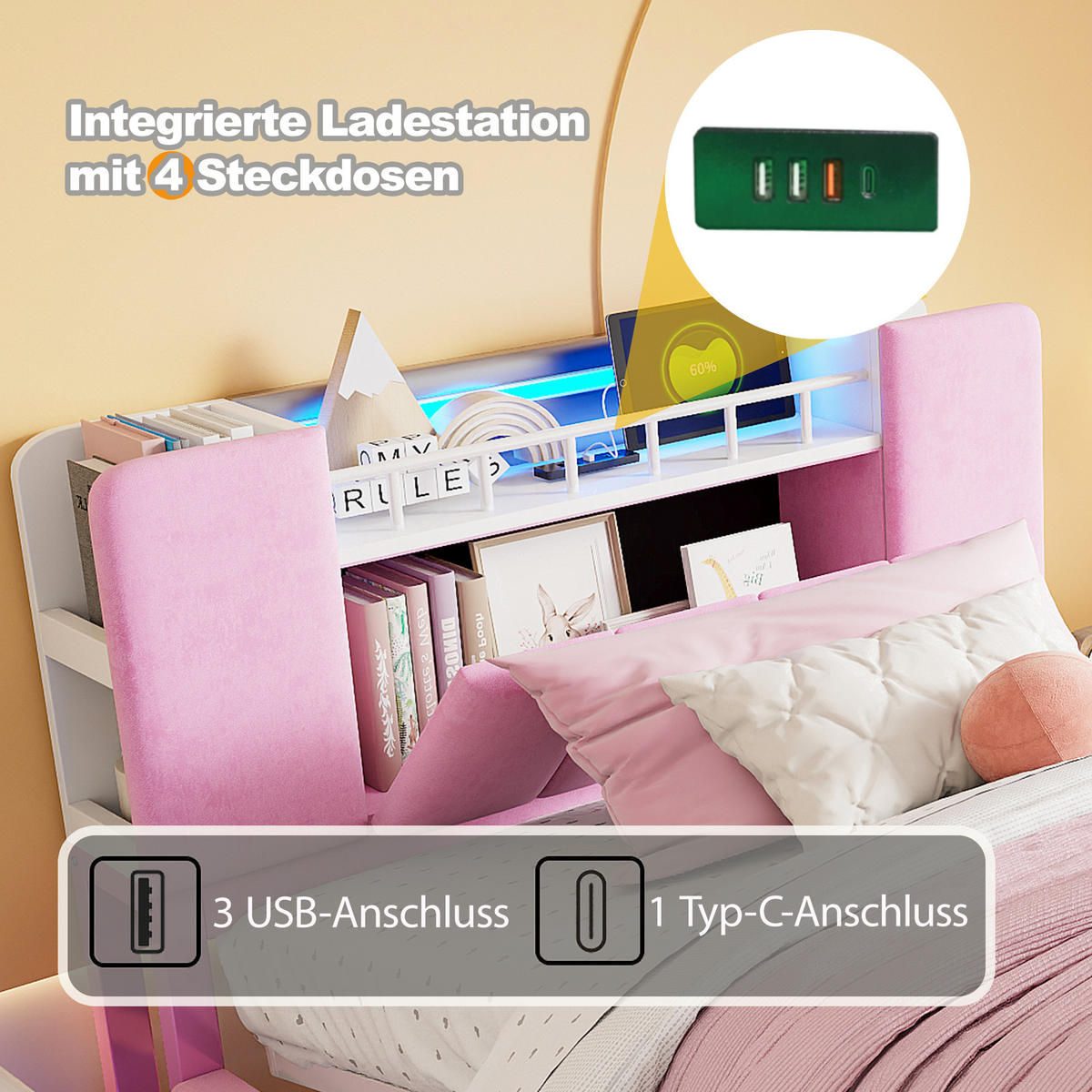 POLSTERBETT 90/200 cm Pink mit LED-Beleuchtung und Stauraum aus Samt - Rosa, Textil (90/200cm) - OKWISH