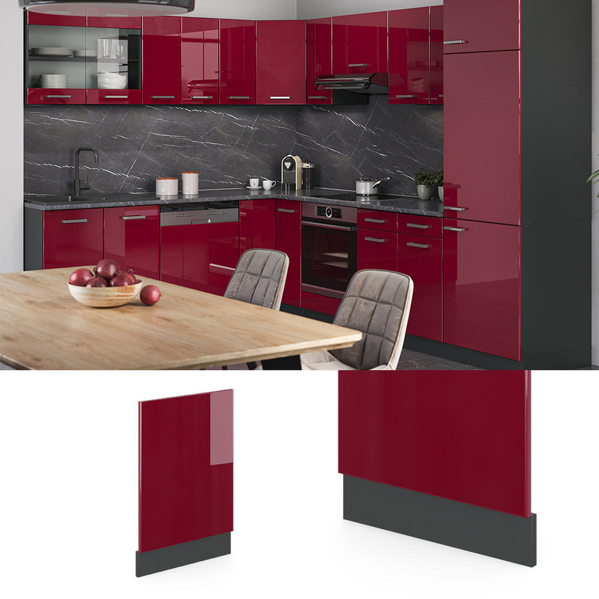 FRONTBLENDE R-Line Rot 45 cm, AP Marmor - Anthrazit/Rot, Holzwerkstoff (45/57.2/1.6cm) - Vicco