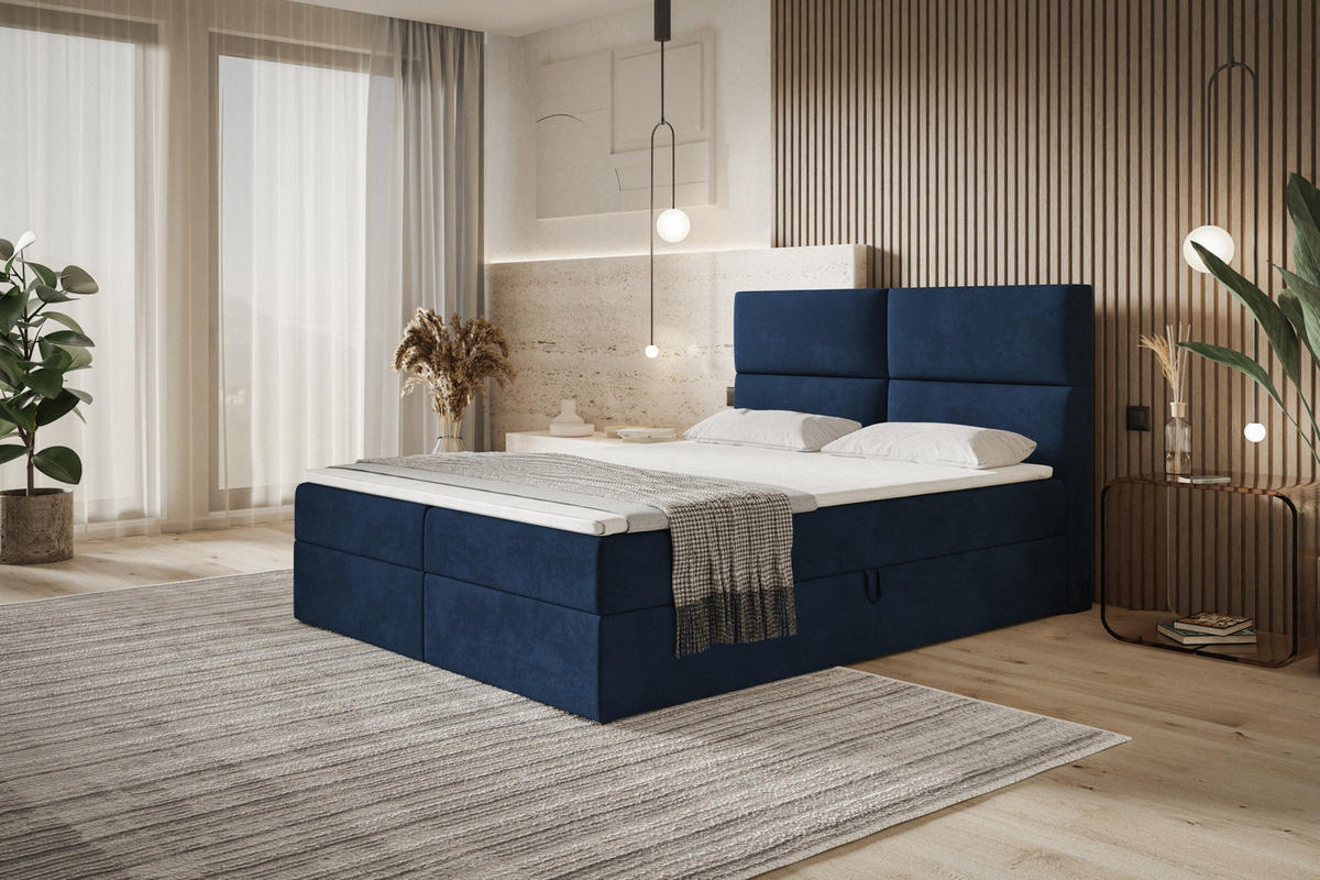BOXBETT LIZBONA mit 2 Bettkästen, 160x200, Farbe: Dunkelblau, Velourstoff, Doppelbett mit Bonell-Matratze - Dunkelblau, Holz/Kunststoff (160/200cm) - Alpi-Möbel