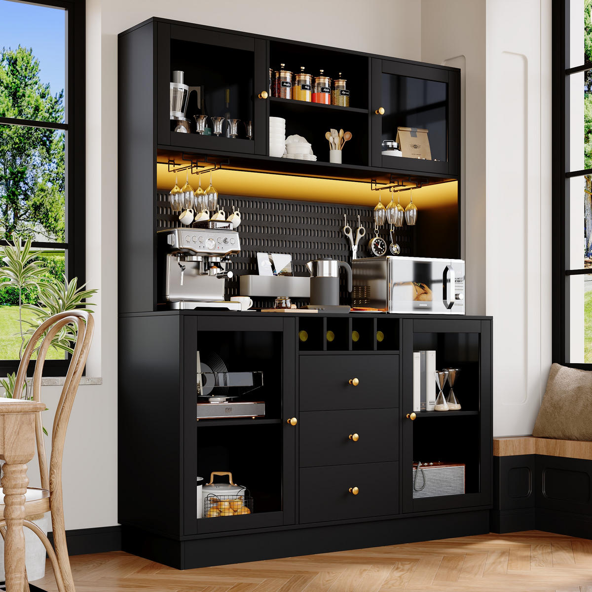 HOCHSCHRANK LED Weinregal Kippsicherung Schwarz - Schwarz, Glas (140/185.7/40cm) - FLIEKS