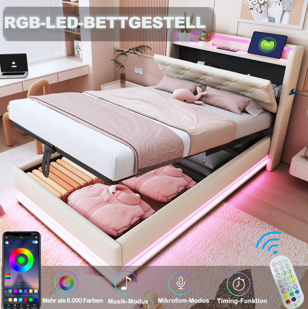 KINDERBETT 90/200 cm in Beige mit LED, USB und hydraulischem Stauraum - Beige, Textil (90/200cm) - BEAOK