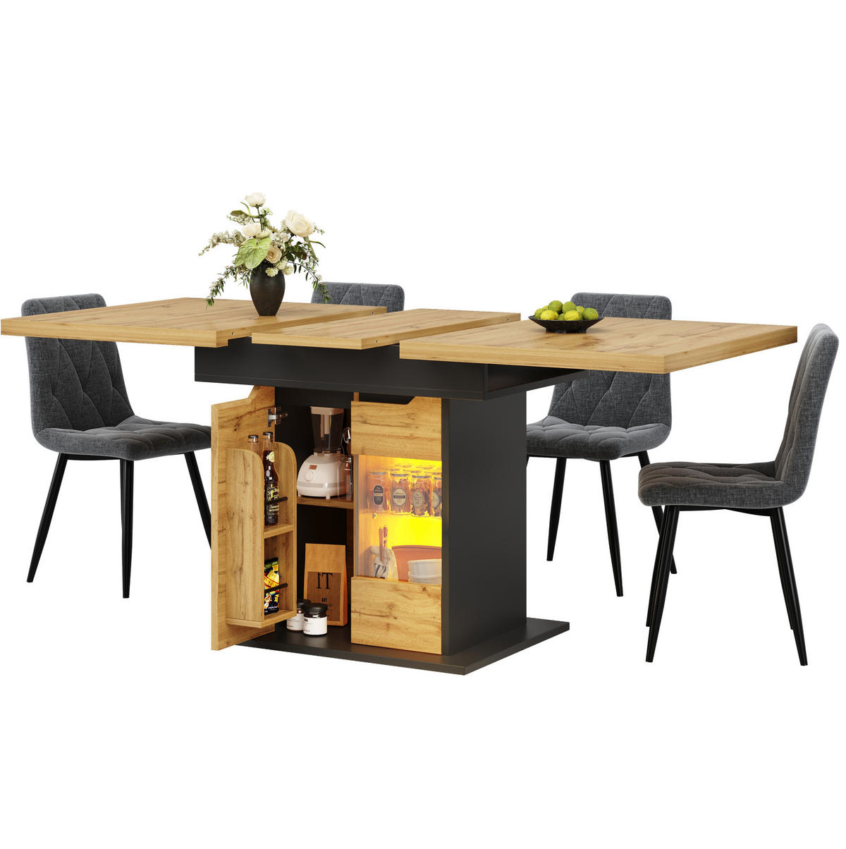 ESSTISCH 110-140x80x76 cm in Natur und Schwarz aus MDF mit Sicherheitsglas ausziehbar - Naturfarben, Holzwerkstoff (80/140/76cm) - Modfu