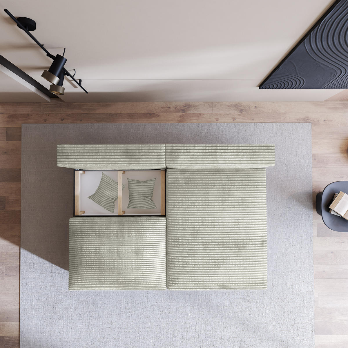 ECKSOFA FIORO Hellgrau Kordstoff mit Schlaffunktion - Silberfarben, Holz (204/148cm) - MASSENO